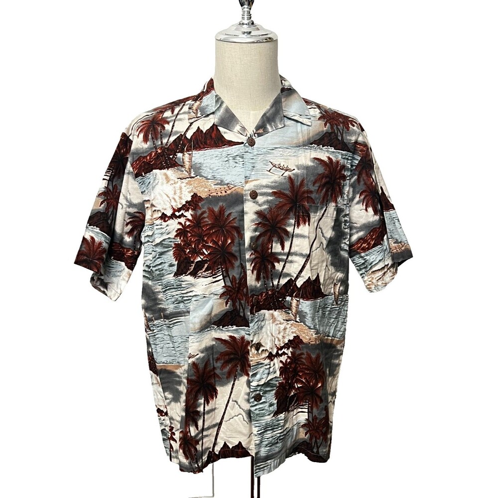 Vtg HILO HATTIE Hawaiian Aloha Shirt Men's M Cotton USA Made Palm Trees Volcano